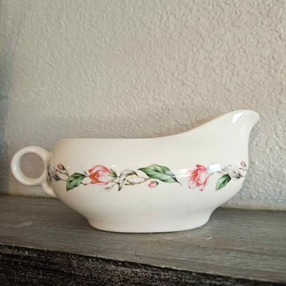 Vintage Rose Floral Ceramic Gravy Boat 7.75" Cottage Grandmillennial Decor